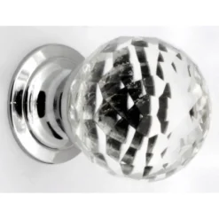 Clear Faceted Shape Glass Cupboard Knobs - 3 Sizes - With Polished Chrome Rose