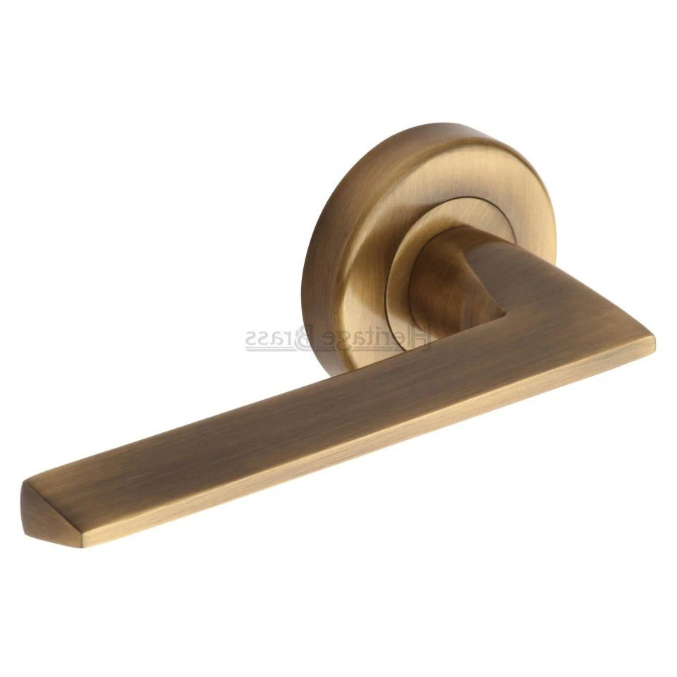 Pyramid Round Rose Lever Handles - Antique Brass (Gloss Lacquered)