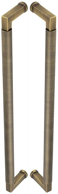 Rectangular Back To Back Pull Handle With Rounded Grip - 439mm Length (425mm Centres) - Antique Brass (Lacquered) - Suitable For Use With FD30 / FD60 Fire Doors