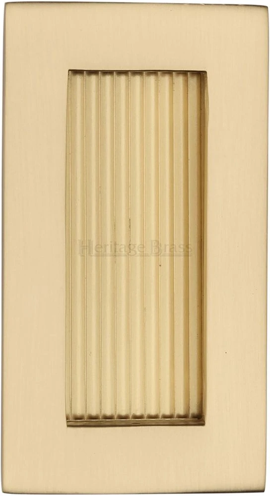 Rectangular Reeded Flush Pull Handle For Sliding Pocket Doors - Three Sizes Available - Satin Brass (Lacquered)