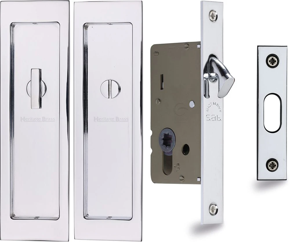 Rectangular Turn & Turn Hook Lock For Sliding Pocket Doors - 197mm X 57mm - Polished Chrome