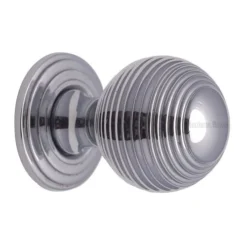 Reeded Cabinet Knob With Rose - Available In Two Sizes - Polished Chrome
