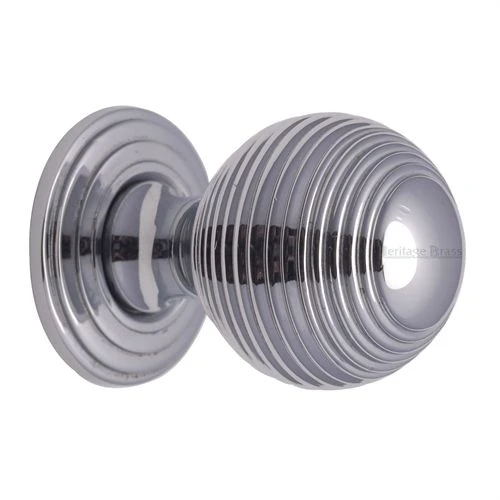 Reeded Cabinet Knob With Rose - Available In Two Sizes - Polished Chrome