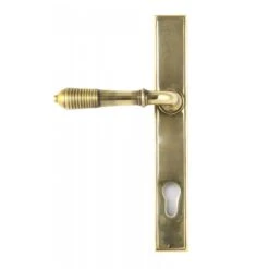 Reeded Slimline Lever Multi Point Door Lever Handles - 92mm Euro Centres - 212mm Bolt Centres - 244mm X 36mm Back Plate - Aged Brass Unlacquered