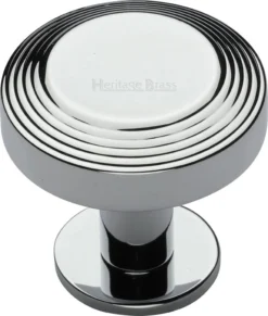 Ridged Cabinet Knob With Rose - Available In Two Sizes - Polished Chrome