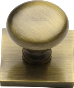 Round Mushroom Shaped Cabinet Knob With Square Backplate - 32mm Diameter - Antique Brass (Gloss Lacquered)