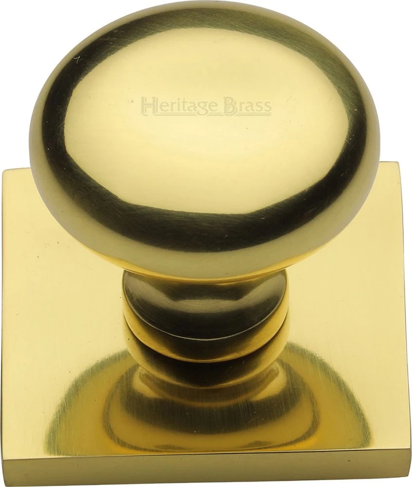 Round Mushroom Shaped Cabinet Knob With Square Backplate - 32mm Diameter - Polished Brass (Lacquered)
