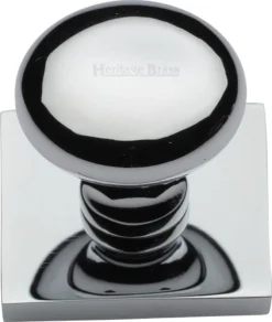Round Mushroom Shaped Cabinet Knob With Square Backplate - 32mm Diameter - Polished Chrome