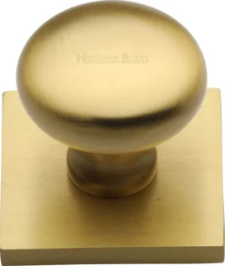 Round Mushroom Shaped Cabinet Knob With Square Backplate - 32mm Diameter - Satin Brass (Lacquered)