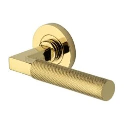 Knurled Round Rose Lever Handles Only - Polished Brass (Lacquered) - Pair