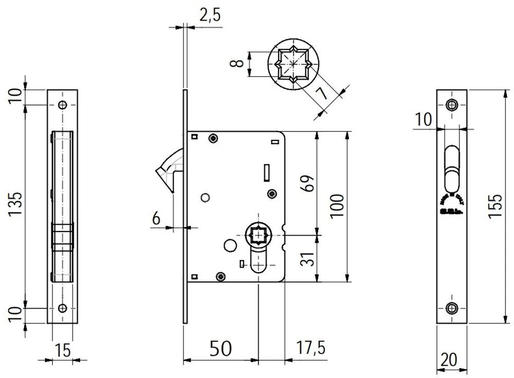 Rectangular Turn & Turn Hook Lock For Sliding Pocket Doors - 197mm X 57mm - Polished Chrome - Image 3