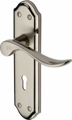 Sandown Lever Door Handles On A Backplate - Satin Nickel With Polished Nickel Edge