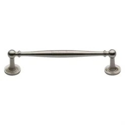 Classic Design Slim Bar Style Cabinet Handle With Ringed Pattern Roses - Available In Four Lengths - Satin Nickel