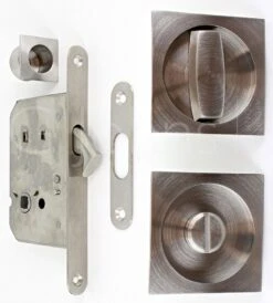 Square Shape Bathroom Hook Lock For Sliding Pocket Doors - With Turn And Release - Satin Stainless Steel