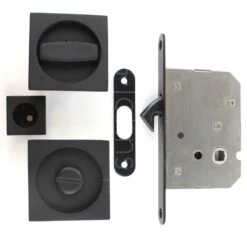 Square Bathroom Hook Lock For Sliding Pocket Doors - With Turn And Release - Matt Black