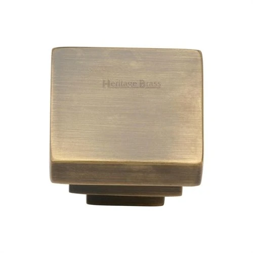 Square Stepped Cupboard Knob - 32mm - Antique Brass (Gloss Lacquered)