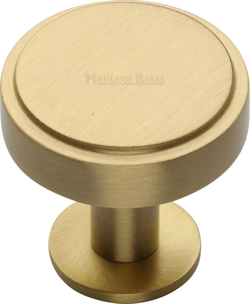 Stepped Disc Cabinet Knob With Rose - Available In Two Sizes - Satin Brass (Lacquered)