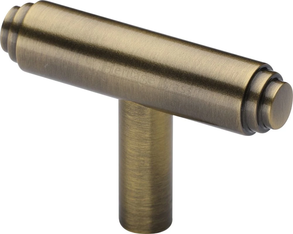 Stepped T-Bar Cabinet Knob - 45mm X 11mm - Antique Brass (Gloss Lacquered)