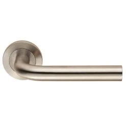 Curved Neck Round Rose Lever Handles - Suitable For Use With FD30 / FD60 Fire Doors - Satin Stainless Steel