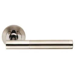 Philadelphia Round Rose Lever Handles - Dual Satin And Polished Stainless Steel- Suitable For Use With FD30 / FD60 Fire Doors