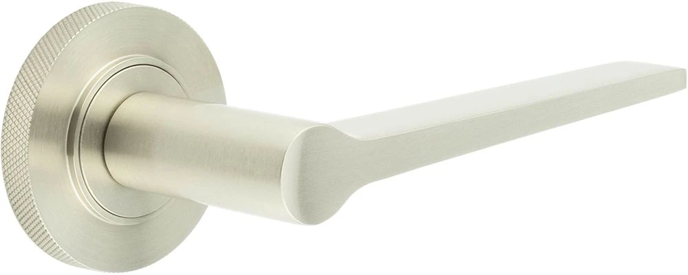 Tapered Pattern Lever Handles With Knurled Round Rose - Suitable For Use With FD30 / FD60 Fire Doors - Satin Nickel