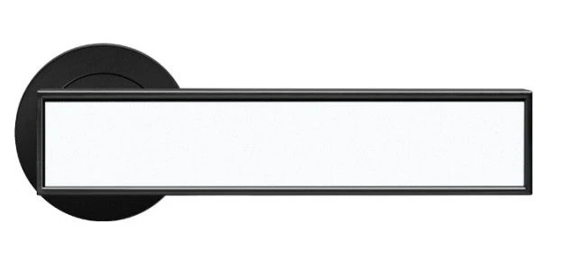 Torino - Round Rose Lever Handles Only - Matt Black - Laminate Glossy White Inlay - Pair