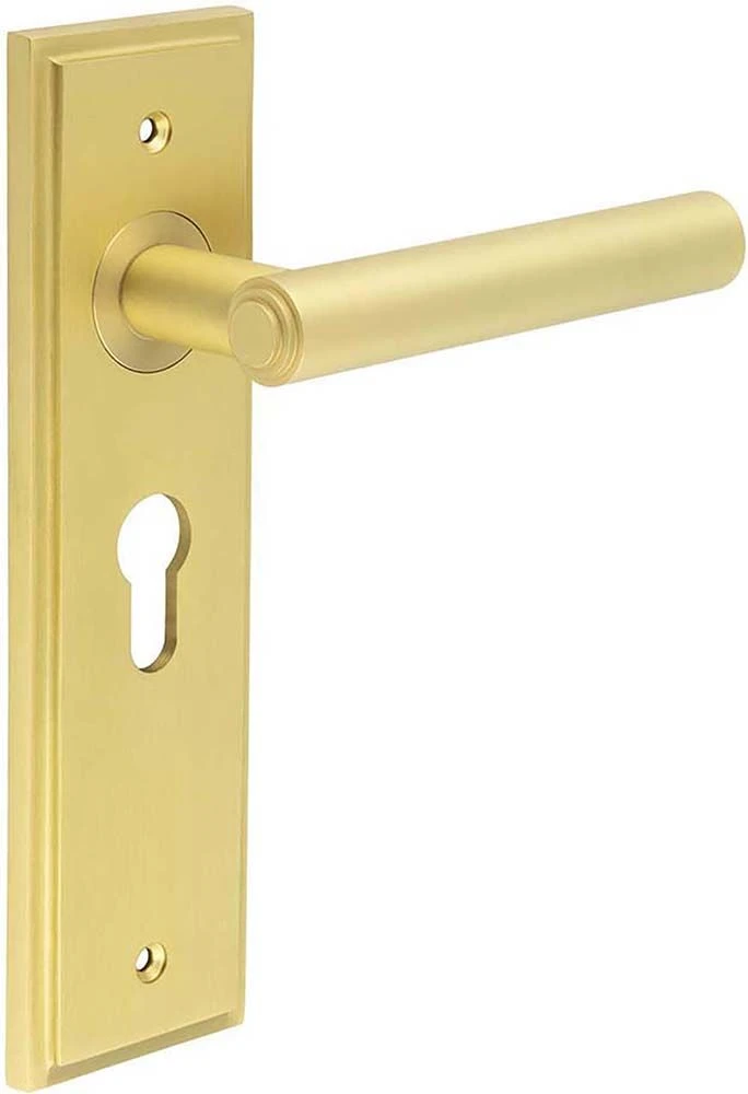Tubular Pattern Lever Handle With Stepped Ends On A Large Rectangular Backplate - Satin Brass (Lacquered) - Image 3