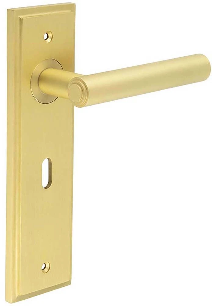 Tubular Pattern Lever Handle With Stepped Ends On A Large Rectangular Backplate - Satin Brass (Lacquered) - Image 2