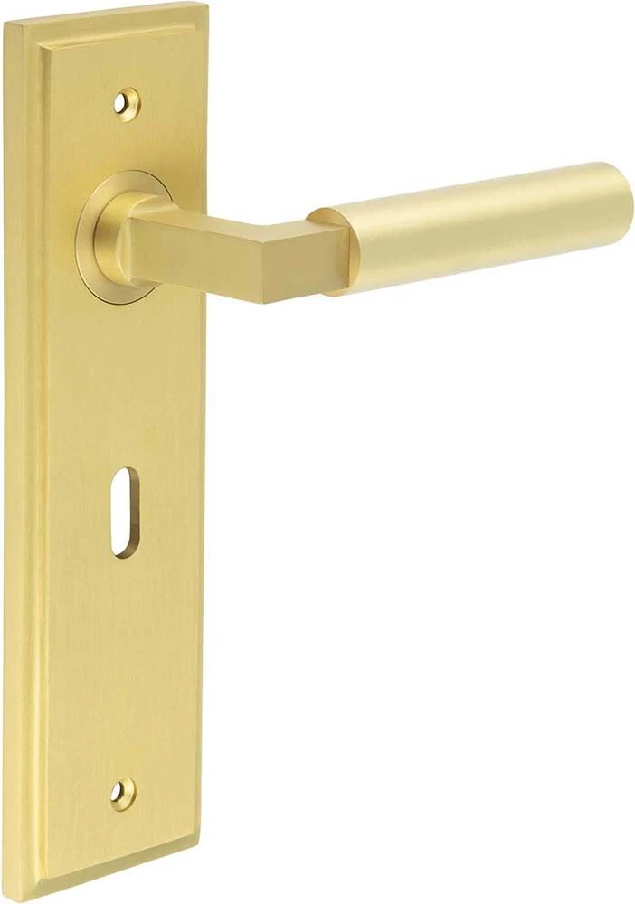 Tubular Pattern Lever Handle On A Large Rectangular Backplate - Satin Brass (Lacquered) - Image 2