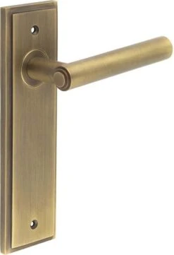 Tubular Pattern Lever Handle With Stepped Ends On A Large Rectangular Backplate - Antique Brass (Lacquered)