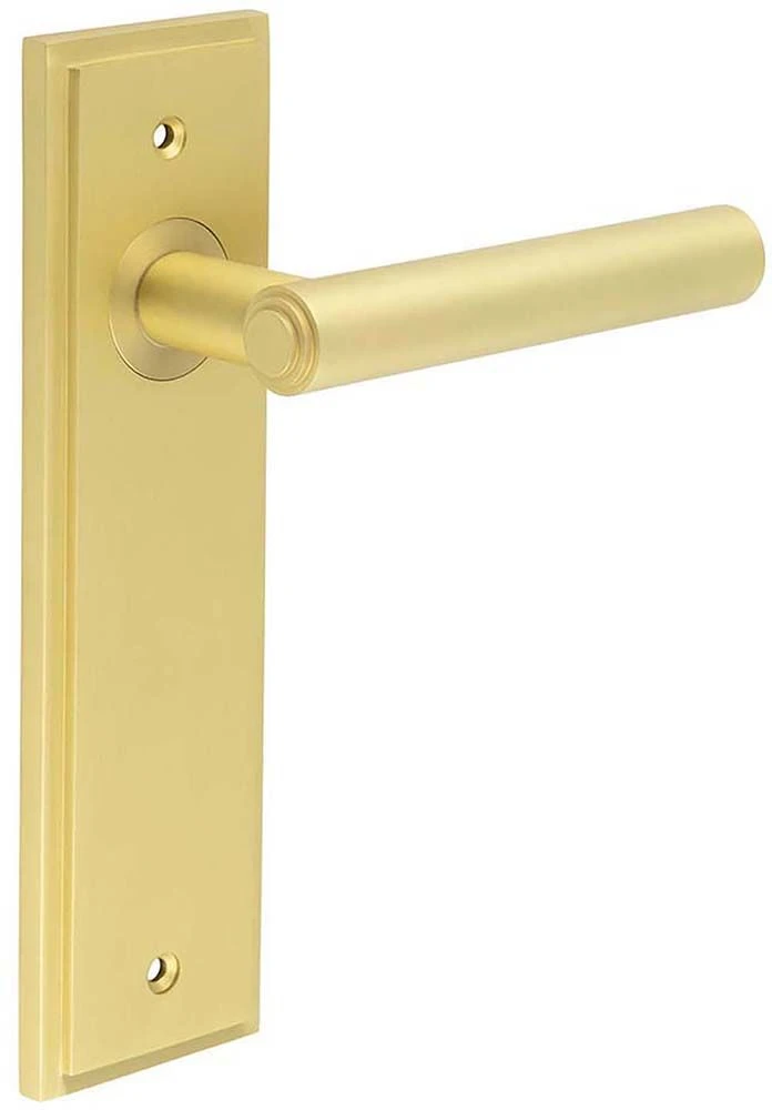 Tubular Pattern Lever Handle With Stepped Ends On A Large Rectangular Backplate - Satin Brass (Lacquered)
