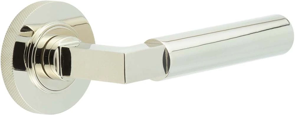 Tubular Pattern Lever Handles With Knurled Round Rose - Suitable For Use With FD30 / FD60 Fire Doors - Polished Nickel