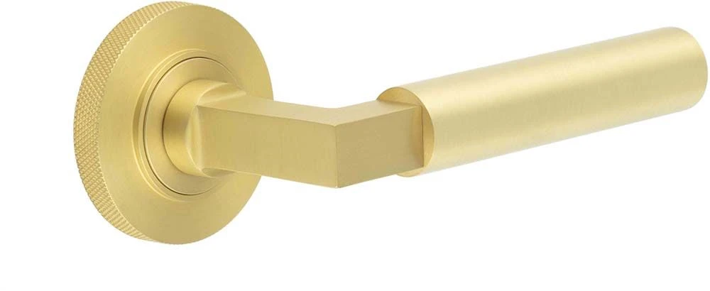 Tubular Pattern Lever Handles With Knurled Round Rose - Suitable For Use With FD30 / FD60 Fire Doors - Satin Brass (Lacquered)