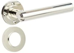 Tubular Pattern Lever Handles With Stepped Ends On Knurled Round Rose - Suitable For Use With FD30 / FD60 Fire Doors - Polished Nickel