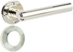 Tubular Pattern Lever Handles With Stepped Ends On Reeded Round Rose - Suitable For Use With FD30 / FD60 Fire Doors - Polished Nickel