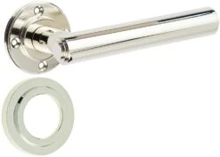 Tubular Pattern Lever Handles With Stepped Ends On Stepped Round Rose - Suitable For Use With FD30 / FD60 Fire Doors - Polished Nickel