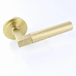 Tubular Pattern Lever Handles With Stepped Round Rose - Suitable For Use With FD30 / FD60 Fire Doors - Satin Brass (Lacquered)