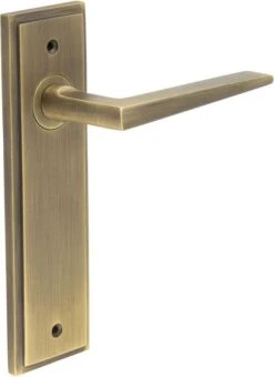 Wedge Pattern Lever Handle On A Large Rectangular Backplate - Antique Brass (Lacquered)
