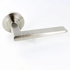 Wedge Pattern Lever Handles With Reeded Round Rose - Suitable For Use With FD30 / FD60 Fire Doors - Satin Nickel