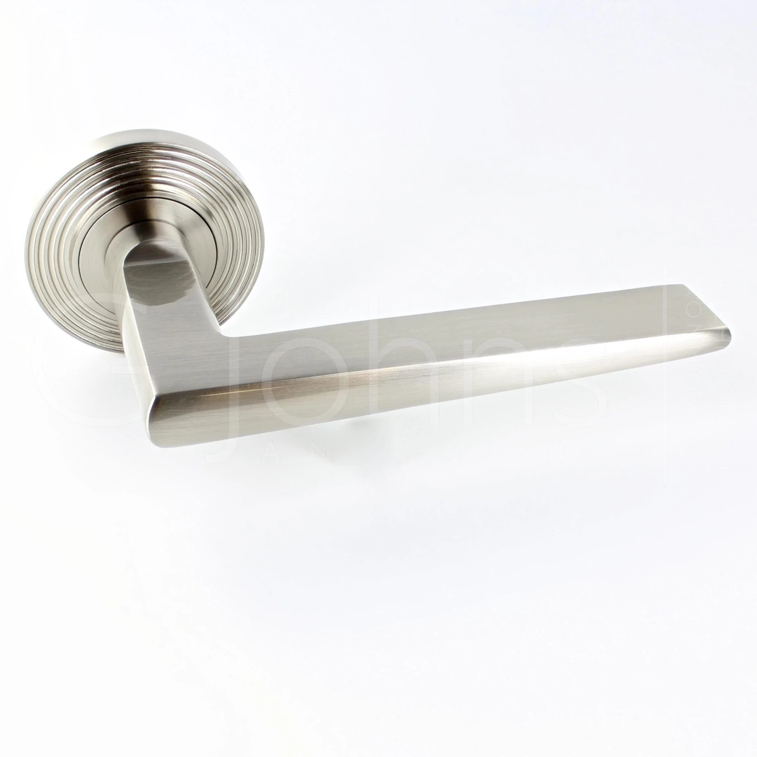 Wedge Pattern Lever Handles With Reeded Round Rose - Suitable For Use With FD30 / FD60 Fire Doors - Satin Nickel