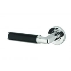Milan Round Rose Lever Door Handles - Screw On Rose - Polished Chrome/Black Aluminium - Suitable For Use With FD30 / FD60 Fire Doors - Pair